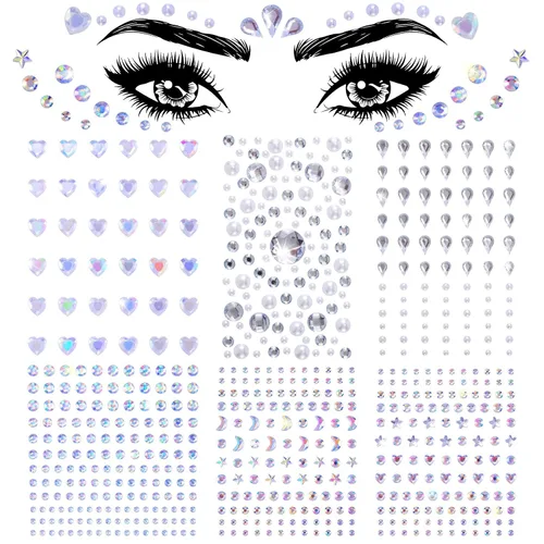 OIIKI 6 hojas de gemas faciales – Joyas de corazón, ojos acrílicos de luna de cristal, diamantes de imitación redondos de Halloween, calcomanías de