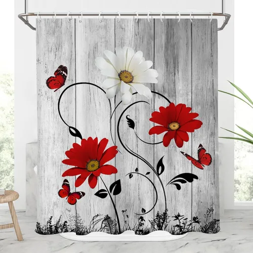Miniatura 8 de AAtter Cortina de ducha floral azul rústica boho gris blanco amarillo margarita naturaleza negro botánico telón azul verdoso turquesa tela única