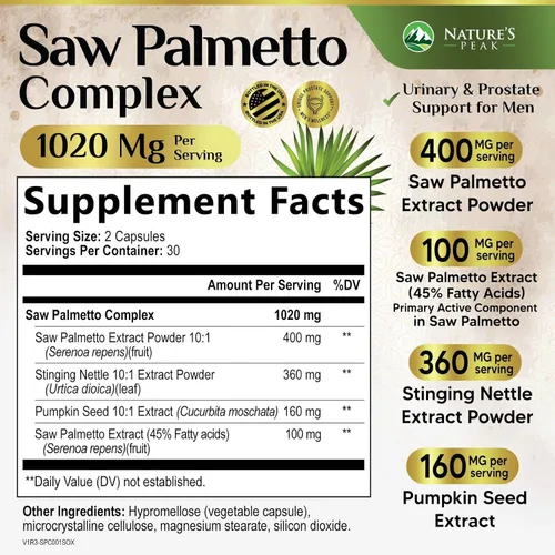Miniatura 2 de Saw Palmetto - Suplementos de salud para próstata para hombres, 1000 mg, 3 veces más fuerza con semillas de calabaza, bloqueador de DHT, salud