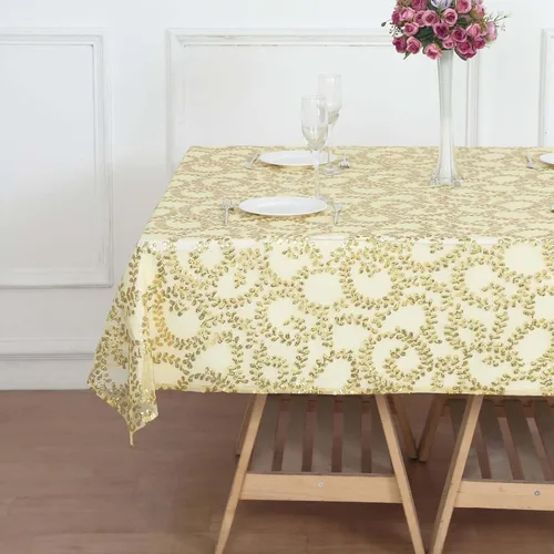 Miniatura 5 de Efavormart - Superposición de mesa de tul bordado de hojas de lentejuelas doradas de 72 x 72 pulgadas, mantel cuadrado transparente