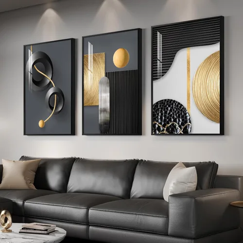 Miniatura 20 de Arte de pared moderno enmarcado en blanco y negro, 3 piezas de impresiones contemporáneas grandes para paredes, juego de 3 imágenes de hojas doradas