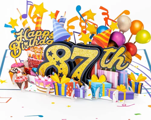 iGifts And Cards Tarjeta desplegable 3D de feliz cumpleaños 87 – Diseño azul con números de purpurina, globos, pasteles y regalos – Tarjeta de