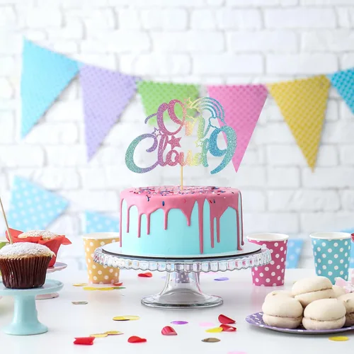Miniatura 6 de On Cloud 9 - Decoración para tartas de 9 años de niña y niño, letrero con texto en inglés "I I'm Nine Cloud", decoración de pasteles para fiesta