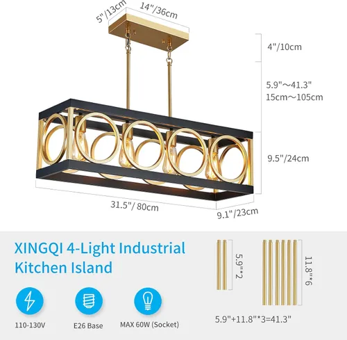 Miniatura 3 de XINGQI Lámpara de araña rectangular moderna, iluminación de isla de cocina de granja, accesorio de luz colgante industrial rústico de 4 luces