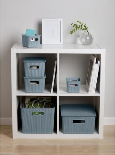 Miniatura 4 de Superio Ribbed Collection – Cesta decorativa de plástico abierta para el hogar, color azul (juego de 4) 1 grande, 1 mediano, 2 pequeñas – cajas