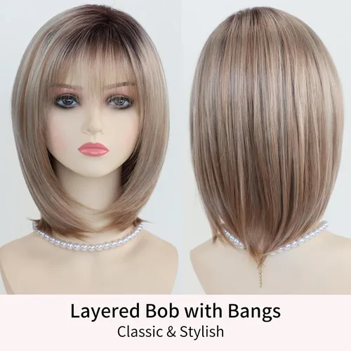 Miniatura 3 de RENERSHOW Pelucas rubias en capas para mujeres blancas con flequillo, peluca de pelo corto lacio, peluca sintética de color rubio degradado