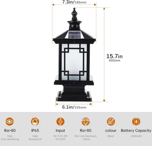 Miniatura 5 de Luz LED Solar para Poste Exterior, Lámpara de Tapa de Poste de Cerca de Aluminio con Control Remoto Regulable, Luces de Pilar Solar IP65 Negro