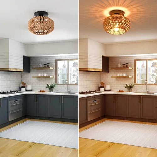 Miniatura 8 de 1 paquete de lámparas de granja para montaje en techo, mini lámpara de techo de ratán bohemio semiempotrada, accesorios de luz de pasillo tejidos a