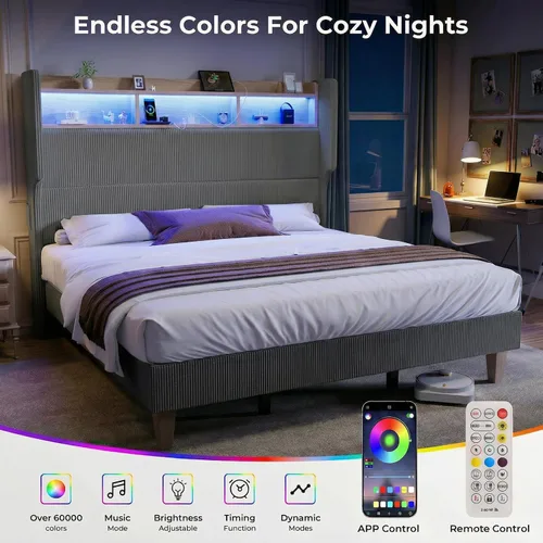 Miniatura 5 de HOMRELEXA Base de cama tamaño matrimonial para niñas con cabecera de 51 pulgadas de alto, luces LED y estación de carga, plataforma tapizada de pana