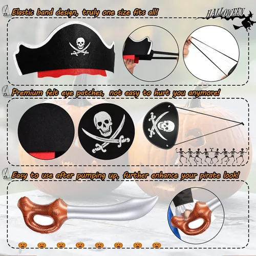 Miniatura 3 de Legigo Juego de 18 piezas divertidas de fiesta pirata, incluye 6 sombreros de pirata, 6 parches para ojos, 6 espadas inflables para fiesta pirata