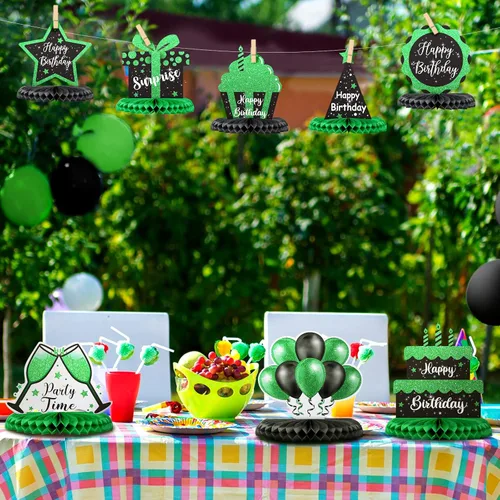 Miniatura 6 de Yexiya 8 piezas de centro de mesa de cumpleaños negro y verde, centros de mesa de panal de abeja de feliz cumpleaños, centros de mesa de panal