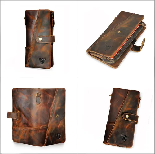 Miniatura 61 de Genuino Caballo Loco Cuero Regalo de Viaje Moneda Bolsillo Tarjetero Organizador Largo Cadena Rfid Cartera Monedero Con Broche Para Hombres Hombres