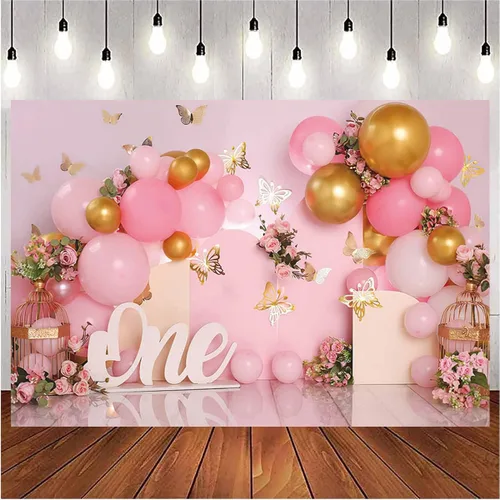 Miniatura 2 de Telón de fondo de 1er cumpleaños para niña, globos rosados, mariposa dorada, dulce para niños, decoración de fiesta de cumpleaños, fotografía