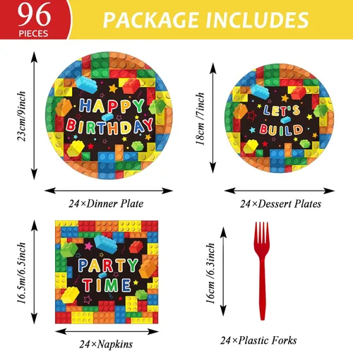 Miniatura 2 de gisgfim 96 piezas de suministros para fiesta de cumpleaños con bloques de construcción, platos de papel, servilletas, bloques coloridos, decoración