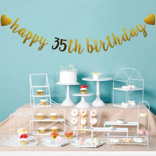 Miniatura 3 de Betteryanzi - Cartel de feliz cumpleaños número 35, guirnalda de papel con purpurina dorada y negra para suministros de decoración de fiesta