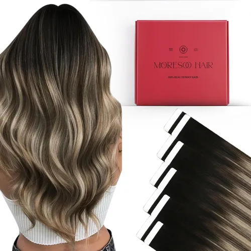 Miniatura 32 de Moresoo Extensiones de cabello humano real con cinta adhesiva, sin costuras, #1 negro azabache, 20 piezas, 1.76 oz (50 g), 24 pulgadas