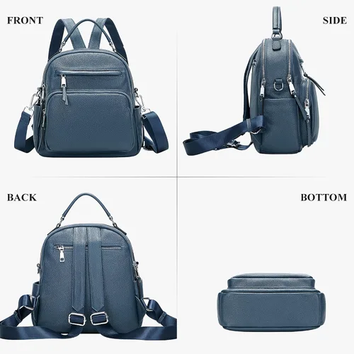Miniatura 4 de ALTOSY Mochila de cuero genuino para mujer, pequeña mochila convertible bolso para damas, bolso de hombro 4 en 1 para llevar, azul, (Linen Blue)