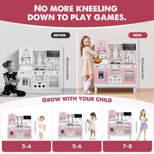 Miniatura 2 de EDUBEBO Juego de cocina para niños, cocina de juego de madera, altura ajustable, viene con varios accesorios de cocina, juguete de juego de rol Rosa