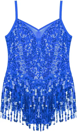 Miniatura 4 de Xnihocha Vestido de baile latino con borlas y lentejuelas brillantes para niñas y niñas, falda tutú, leotardo, moderno, disfraz de salón de jazz