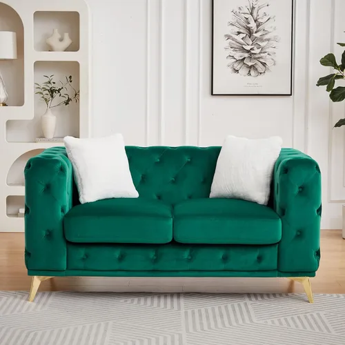 KEIKI Sofá Chesterfield de terciopelo de lujo de 61 pulgadas con 2 almohadas, estilo mediados de siglo con botones copetudos de 2 plazas con cojines