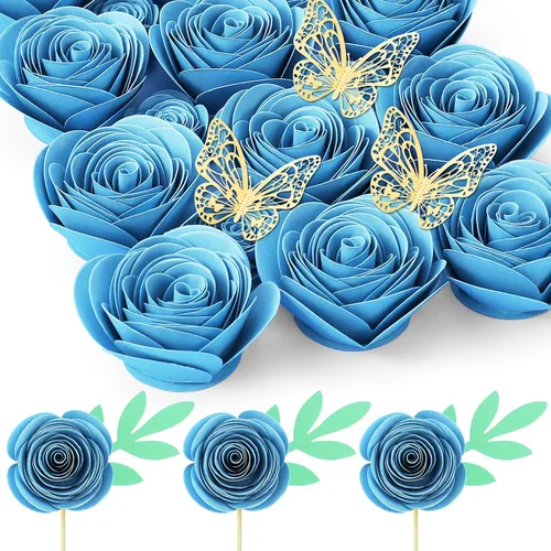 Miniatura 11 de Mverse Rosas Azul Claro Flores Artificiales, Mini Flores de Papel Manualidades DIY Decoraciones de Regalo para Marco de Caja de Sombra 16- Azul claro