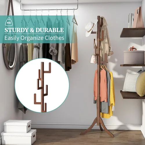Miniatura 3 de Perchero independiente, soporte de bambú con cactus de bambú, altura ajustable, árbol de madera con 6 ganchos, perchero para niños, utilizado