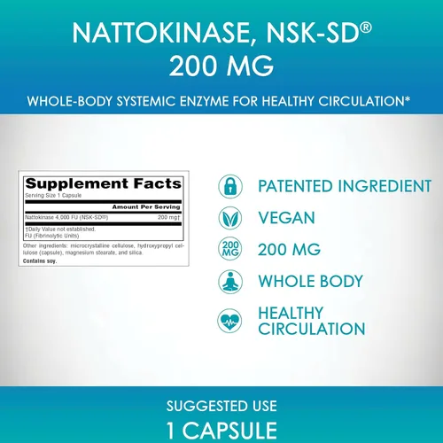 Miniatura 7 de Source Naturals NSK-SD, Nattoquinasa, Apto para vegetarianos, Enzima sistémica de todo el cuerpo para una circulación saludable*, 200 mg - 60