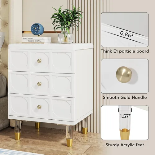 Miniatura 7 de Tribesigns Mesita de noche de 3 cajones blanca y dorada con cajones, versátil y moderna mesita de noche blanca con almacenamiento para dormitorio