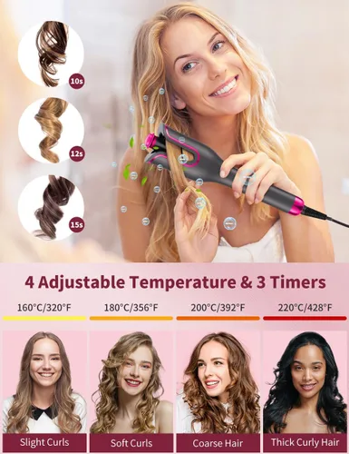 Miniatura 2 de Rizador automático para mujer, rizador automático giratorio de cabello largo, barril de cerámica de 1 pulgada, 4 temperaturas y 3 temporizadores