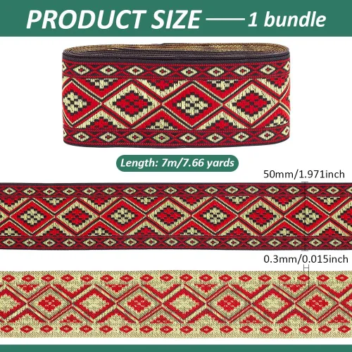 Miniatura 2 de PH PandaHall Cinta jacquard bohemia de 7.66 yardas, 2 pulgadas/2.0 in, rombos bordados, estilo étnico, cintas de poliéster con flecos para coser