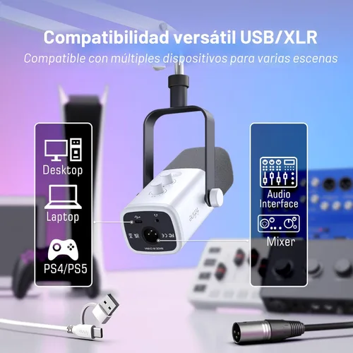 Miniatura 3 de FIFINE - Kit de micrófono para juegos XLR/USB, set de micrófono dinámico para transmisión para PC, micrófono de computadora para grabación de Blanco
