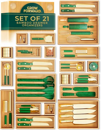 Miniatura 8 de Grow Forward Cajas Organizadoras de Cajones de Bambú - Juego de 7 Organizadores de Cajones de Madera para Cocina, Baño, Oficina, Escritorio