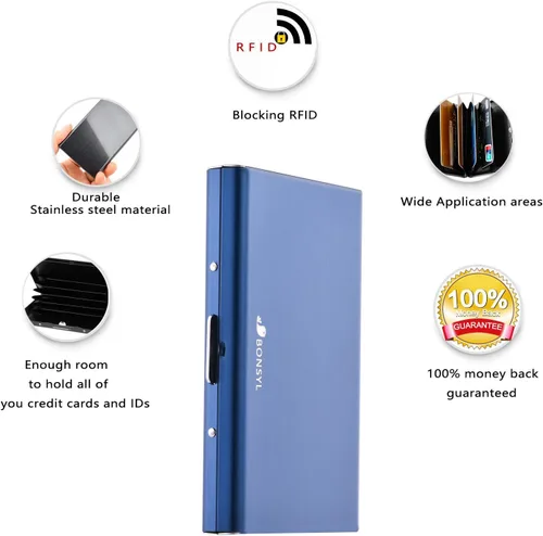 Miniatura 50 de BONSYL® Soporte para tarjetas de crédito, cartera delgada de metal con bloqueo RFID, con 6 ranuras para tarjetas, para mujeres y hombres.