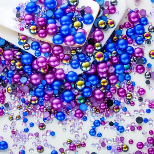 Miniatura 67 de 60g de Perlas Acuamarina Dorada con Diamantes de Imitación para Manualidades Tamaño Mixto 3mm-10mm Color AB Redondas Perlas Medias Planas Conjunto