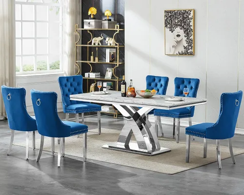 Miniatura 17 de Juego de mesa de comedor de 7 piezas con sillas, mesa de comedor de mármol sintético y sillas beige para 6, juego de mesa de comedor de oro blanco