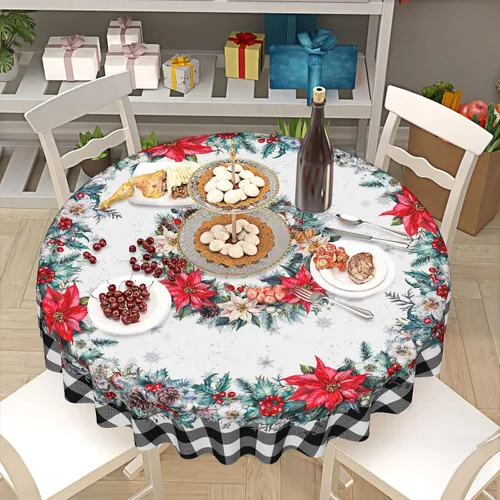 Miniatura 6 de Mantel de Navidad de Pascua redondo de 60 pulgadas, diseño de copos de nieve de búfalo negro, lavable, resistente a las arrugas, resistente a