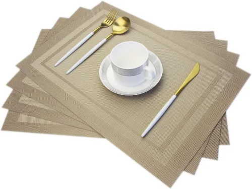 Miniatura 30 de Juego de 6 manteles individuales de plástico lavables para mesa de cocina, resistentes al calor, de vinilo tejido, para exteriores, 12 x 18 Dorado