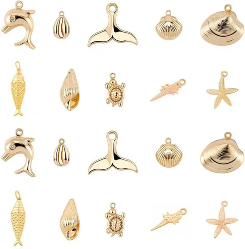 Miniatura 10 de SUNNYCLUE 1 caja de 1.90 oz de dijes chapados en oro real de 14 quilates a granel de oro de verano de océano, 16 piezas de dijes de vida marina