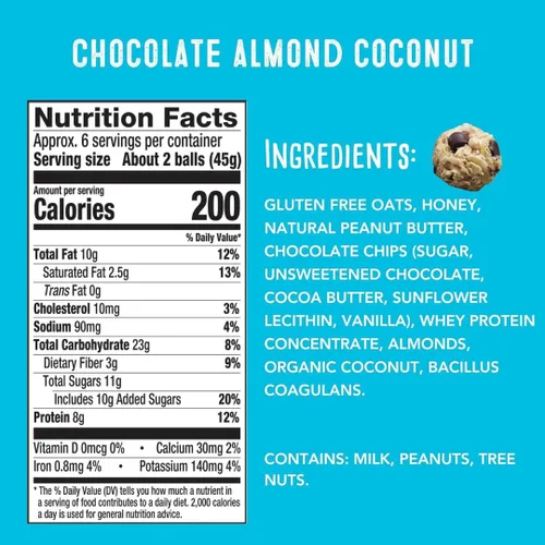 Miniatura 2 de simplyFUEL - Bolas de proteína de alimentos integrales con probióticos, bocadillos de chocolate y almendras y coco, 0.28 oz de proteína, bolas