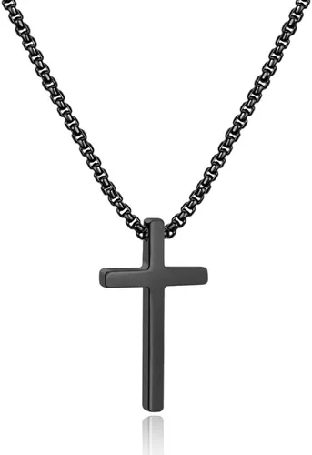 Ursteel - Collar con dije de cruz de acero inoxidable para hombre, cadena de eslabones cuadrados de 16 a 30 pulgadas, color plateado, negro, dorado