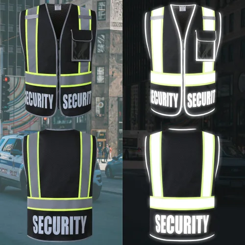 Miniatura 4 de Chaleco de Seguridad para Hombres y Mujeres Chaleco de Seguridad Reflectante con 5 Bolsillos y Cremallera Frontal Chaleco de Malla de Alta Negro
