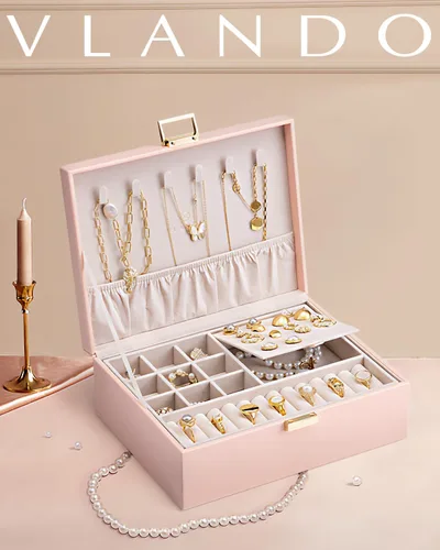 Miniatura 6 de Vlando Joyero de 2 capas grande organizador de joyas para mujeres, bandeja de joyería extraíble para collares, aretes, anillos, pulseras, cajas