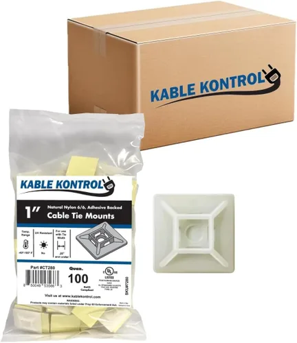 Miniatura 17 de Kable Kontrol Soportes para bridas de cremallera, 1 pulgada cuadrada, blanco natural, 100 unidades, cuadrados de montaje multiusos con respaldo