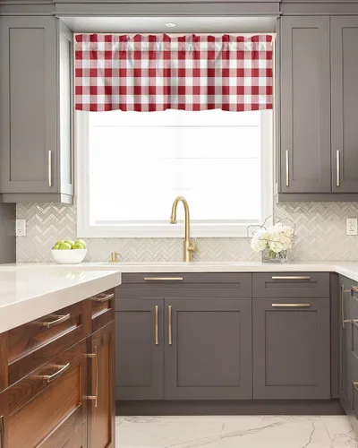 Miniatura 5 de Cortina de cenefas de granja para cocina, cafetería, moderna cenefa de ventana a cuadros rojos y blancos, cortinas cortas de 42 x 12 pulgadas