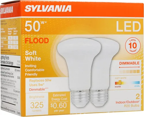 SYLVANIA LED Flood - Bombilla R20, 50 W = 5 W, 10 años, 325 lúmenes, base media E26, regulable, 2700 K, luz blanca suave - Paquete de 2 (73993)