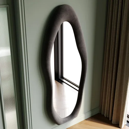 Miniatura 3 de Honyee - Espejo de cuerpo completo de 63 x 24 pulgadas, espejo de pared, marco de madera envuelto en franela, espejo de cuerpo completo ondulado Gris