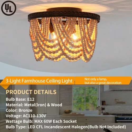 Miniatura 7 de Lámpara de techo de madera con cuentas de granja, 3 luces, estilo bohemio, con cuentas de madera, accesorios de iluminación vintage para entrada