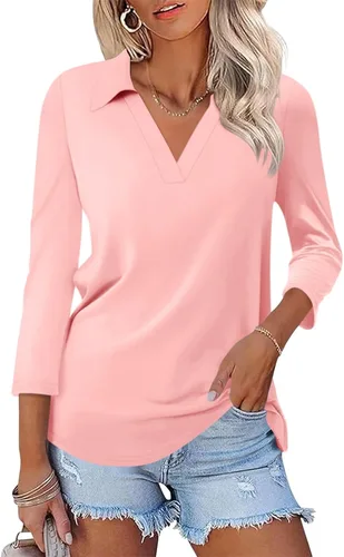 Miniatura 34 de TICTICMISS - Camisas polo de cuello en V para mujer, manga 3/4, con cuello, tops casuales de negocios, tops de verano a la moda, holgados