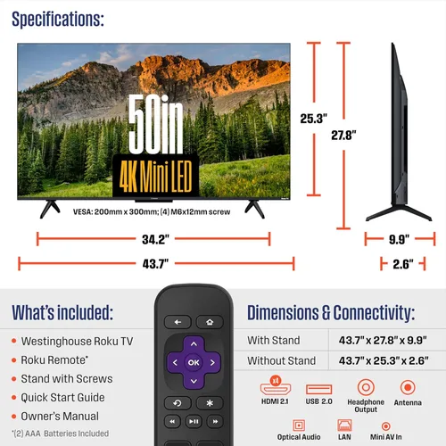 Miniatura 5 de Westinghouse Mini LED 4K UHD Roku TV de 50 pulgadas, Dolby Vision HDR, QLED Quantum Color, atenuación local, movimiento MEMC, Apple HomeKit
