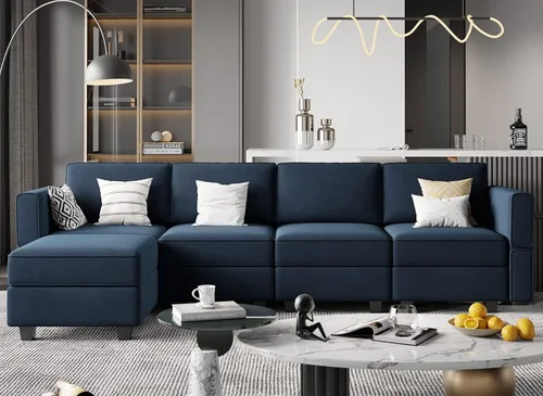 Miniatura 15 de Belffin Sofá modular en forma de U con tumbonas reversibles, de terciopelo, con asiento de almacenamiento, color negro